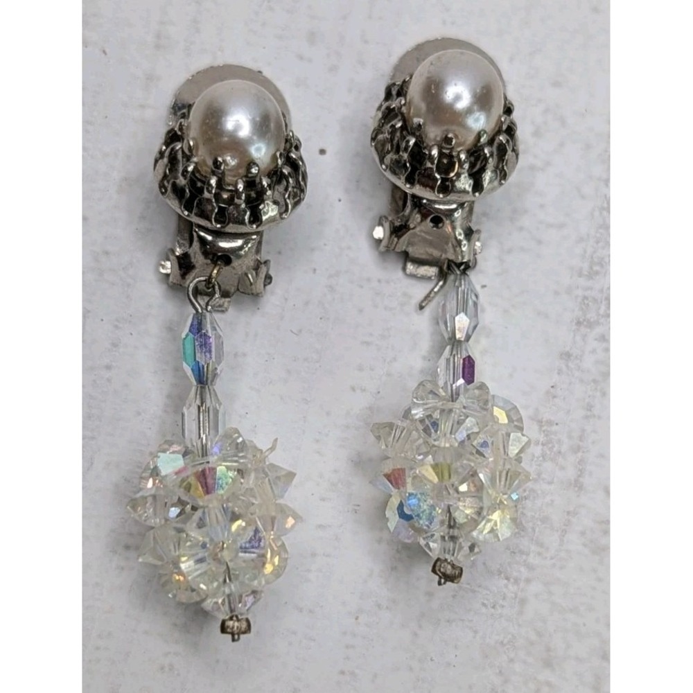 Vintage Made in Austria AB Crystal Faux Pearl Clip On Dangle Earrings As-Is